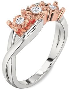Diamond Silver & 10K Rose Gold Round Three Stone Engagement Ring