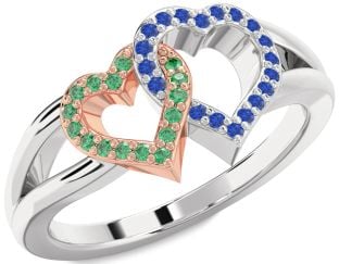 Emerald & Blue Sapphire Silver & 10K Rose Gold Heart Promise Ring
