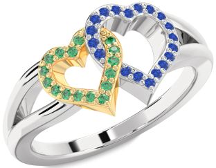 Emerald & Blue Sapphire Silver & 10K gold Heart Promise Ring