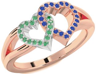 Emerald & Blue Sapphire Platinum & Rose Gold Heart Promise Ring