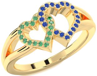 Emerald & Blue Sapphire Gold Heart Promise Ring