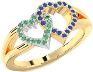 Emerald & Blue Sapphire Gold Silver Heart Promise Ring