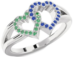 Emerald & Blue Sapphire Platinum Heart Promise Ring