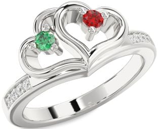 Diamond Silver Heart Two Stone Promise Ring