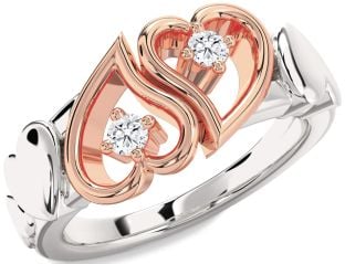 Diamond Silver & 10K Rose Gold Heart Two Stone Ring