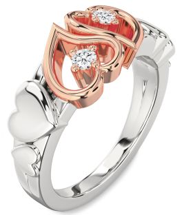 Diamond Silver & 10K Rose Gold Heart Two Stone Ring