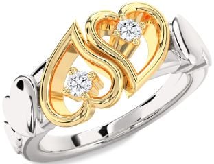 Diamond Silver & 10K gold Heart Two Stone Ring