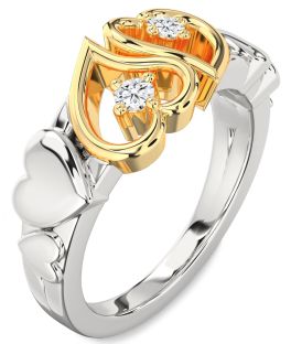 Diamond Silver & 10K gold Heart Two Stone Ring