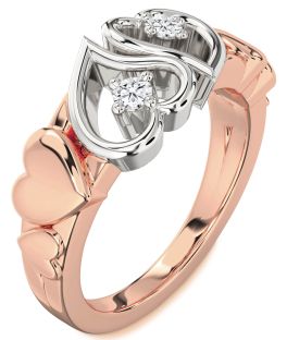 Diamond Platinum & Rose Gold Heart Two Stone Ring