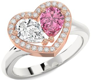 Diamond Rose Gold Silver Heart Two Stone Promise Ring