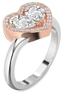 Diamond Silver & 10K Rose Gold Heart Two Stone Ring