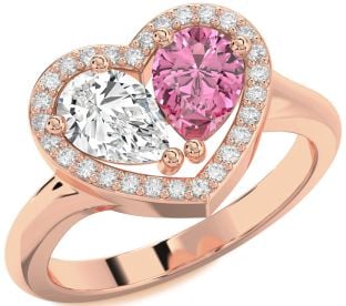 Diamond Rose Gold Silver Heart Two Stone Promise Ring