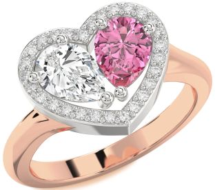 Diamond Rose Gold Silver Heart Two Stone Promise Ring