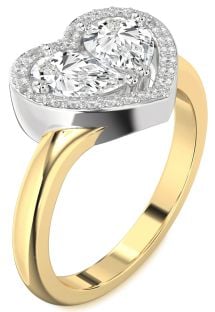 Diamond White Yellow Gold Heart Two Stone Ring