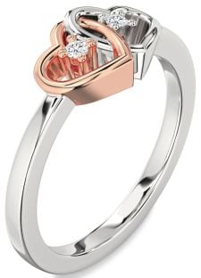 Diamond Silver & 10K Rose Gold Heart Two Stone Ring