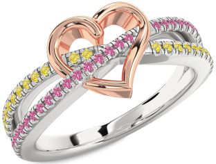 Yellow Diamond & Pink Sapphire Silver & 10K Rose Gold Heart Promise Ring