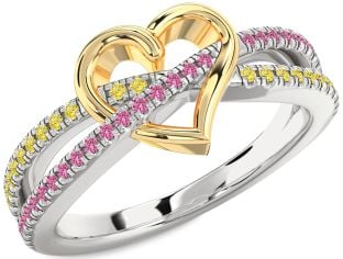 Yellow Diamond & Pink Sapphire Silver & 10K gold Heart Promise Ring