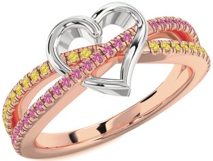 Yellow Diamond & Pink Sapphire Platinum & Rose Gold Heart Promise Ring