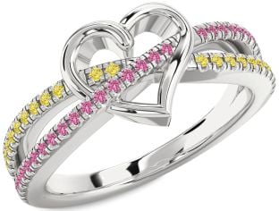 Yellow Diamond & Pink Sapphire Platinum Heart Promise Ring