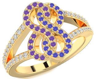 Diamond Amethyst & Tanzanite Gold Infinity Round Promise Ring