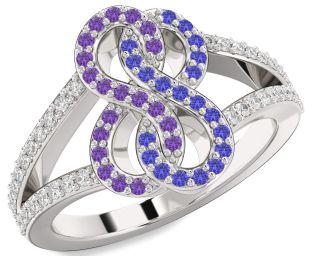 Diamond Amethyst & Tanzanite Platinum Infinity Round Promise Ring