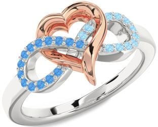 Swiss Blue Topaz & Aquamarine Silver & 10K Rose Gold Infinity Heart Promise Ring