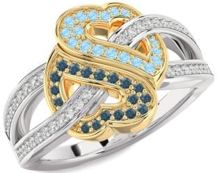 Diamond London Blue Topaz & Aquamarine Silver & 10K gold Heart Pave Promise Ring