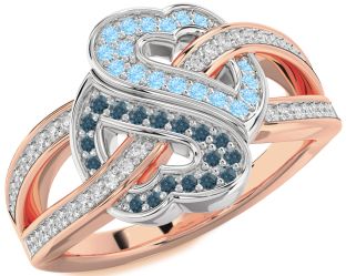Diamond London Blue Topaz & Aquamarine Rose Gold Silver Heart Pave Promise Ring