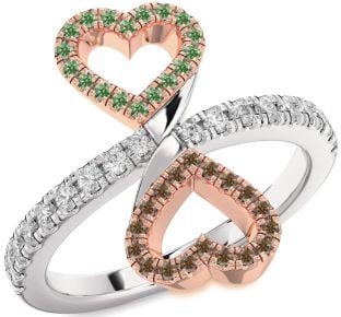 Green & Chocolate Brown Diamond Silver & 10K Rose Gold Infinity Heart Pave Promise Ring