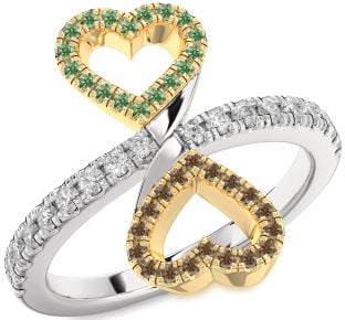 Green & Chocolate Brown Diamond Silver & 10K gold Infinity Heart Pave Promise Ring