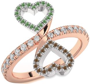 Green & Chocolate Brown Diamond White Rose Gold Infinity Heart Pave Promise Ring