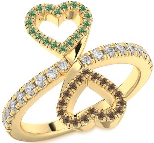 Green & Chocolate Brown Diamond Gold Infinity Heart Pave Promise Ring