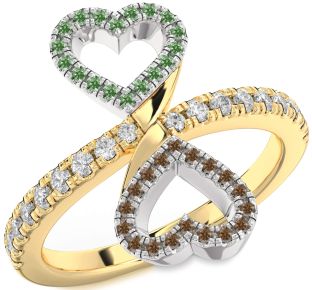 Green & Chocolate Brown Diamond White Yellow Gold Infinity Heart Pave Promise Ring