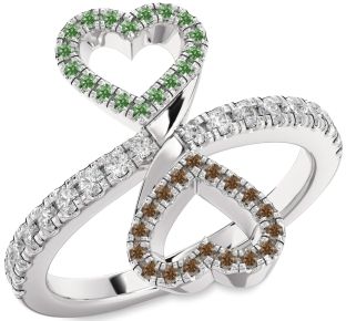 Green & Chocolate Brown Diamond Platinum Infinity Heart Pave Promise Ring
