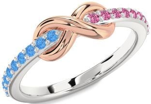Swiss Blue Topaz & Pink Sapphire Silver & 10K Rose Gold Infinity Round Promise Ring