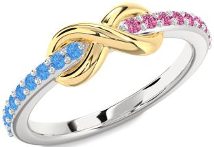 Swiss Blue Topaz & Pink Sapphire Silver & 10K gold Infinity Round Promise Ring