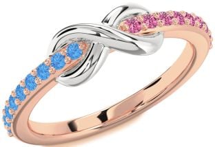 Swiss Blue Topaz & Pink Sapphire White Rose Gold Infinity Round Promise Ring