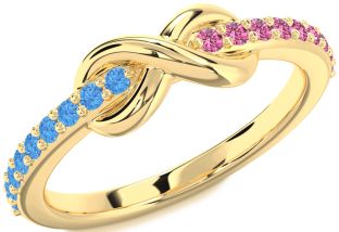 Swiss Blue Topaz & Pink Sapphire Gold Infinity Round Promise Ring