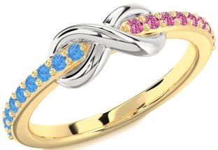Swiss Blue Topaz & Pink Sapphire White Yellow Gold Infinity Round Promise Ring