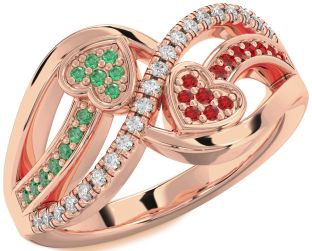 Diamond Emerald & Ruby Rose Gold Silver Heart Promise Ring