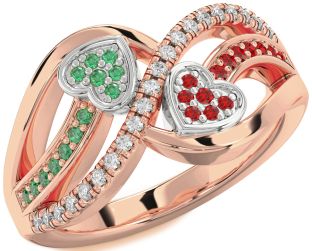 Diamond Emerald & Ruby Rose Gold Silver Heart Promise Ring