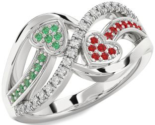 Diamond Emerald & Ruby Platinum Heart Promise Ring