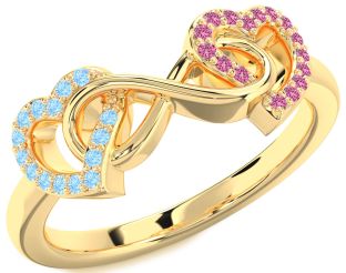 Aquamarine & Pink Sapphire Gold Heart Infinity Promise Ring