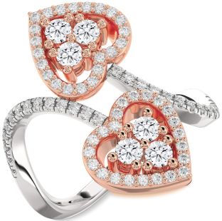 Diamond Silver & 10K Rose Gold Heart Two Stone Pave Ring