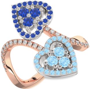 Diamond Rose Gold Silver Heart Two Stone Pave Promise Ring