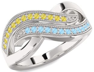 Yellow Diamond & Aquamarine Platinum Infinity Round Promise Ring