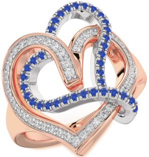 Diamond & Blue Sapphire Rose Gold Silver Heart Promise Ring