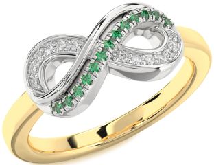 Diamond & Emerald Platinum & Yellow Gold Infinity Round Promise Ring
