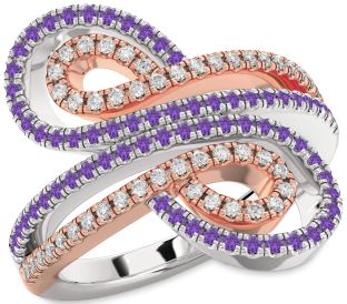 Diamond & Amethyst Rose Gold Silver Infinity Round Pave Promise Ring