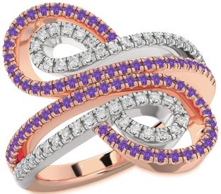 Diamond & Amethyst Rose Gold Silver Infinity Round Pave Promise Ring